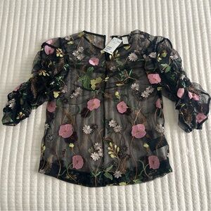 Floral Embroidered Black Mesh Top